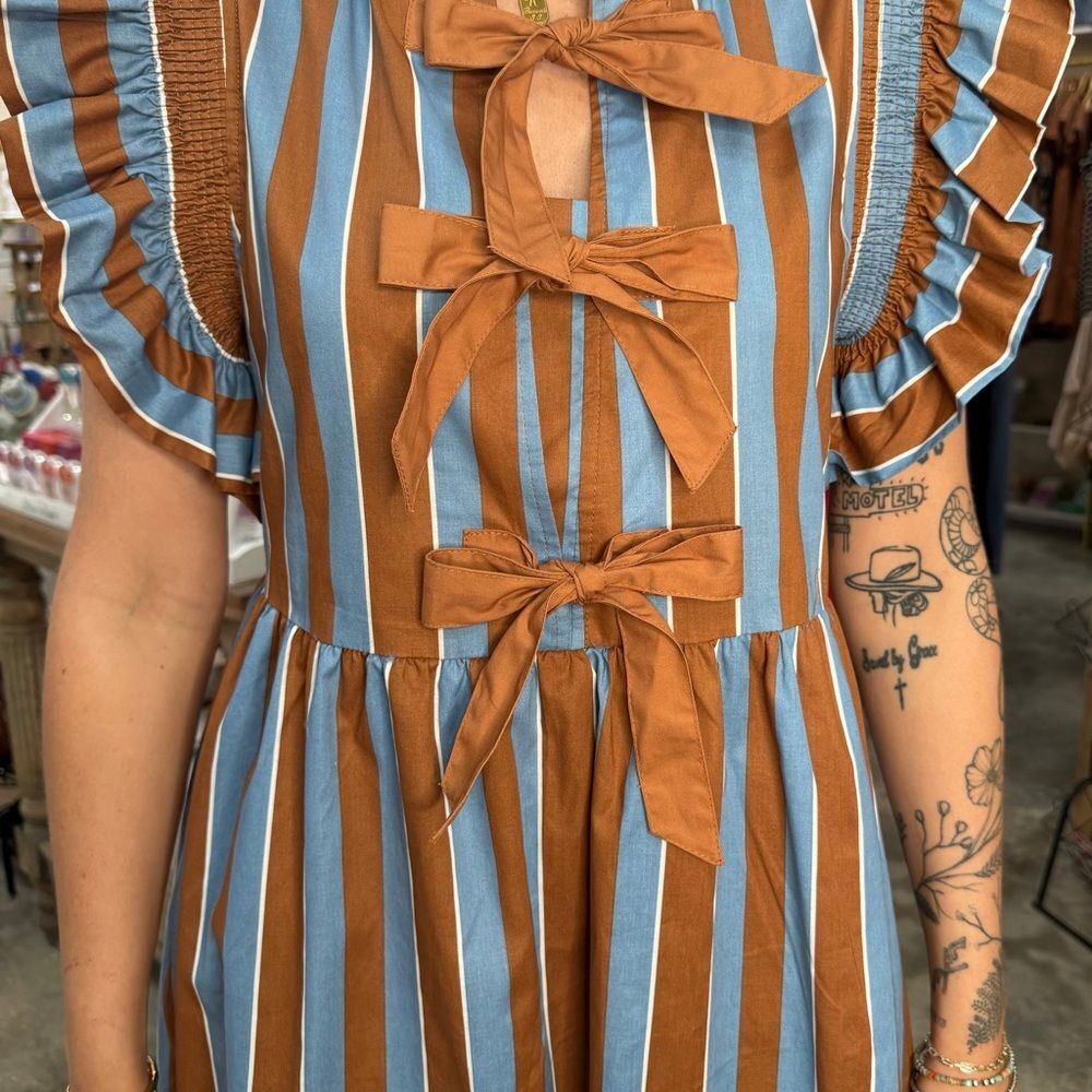 Hudson Gray Brown and Blue Striped Dress with Ruffles Medium - Picture 2 of 10